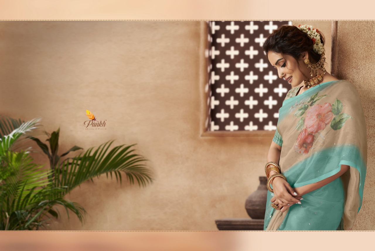 pink lotus pankh chappa vol 3 organza exclusive print saree catalog