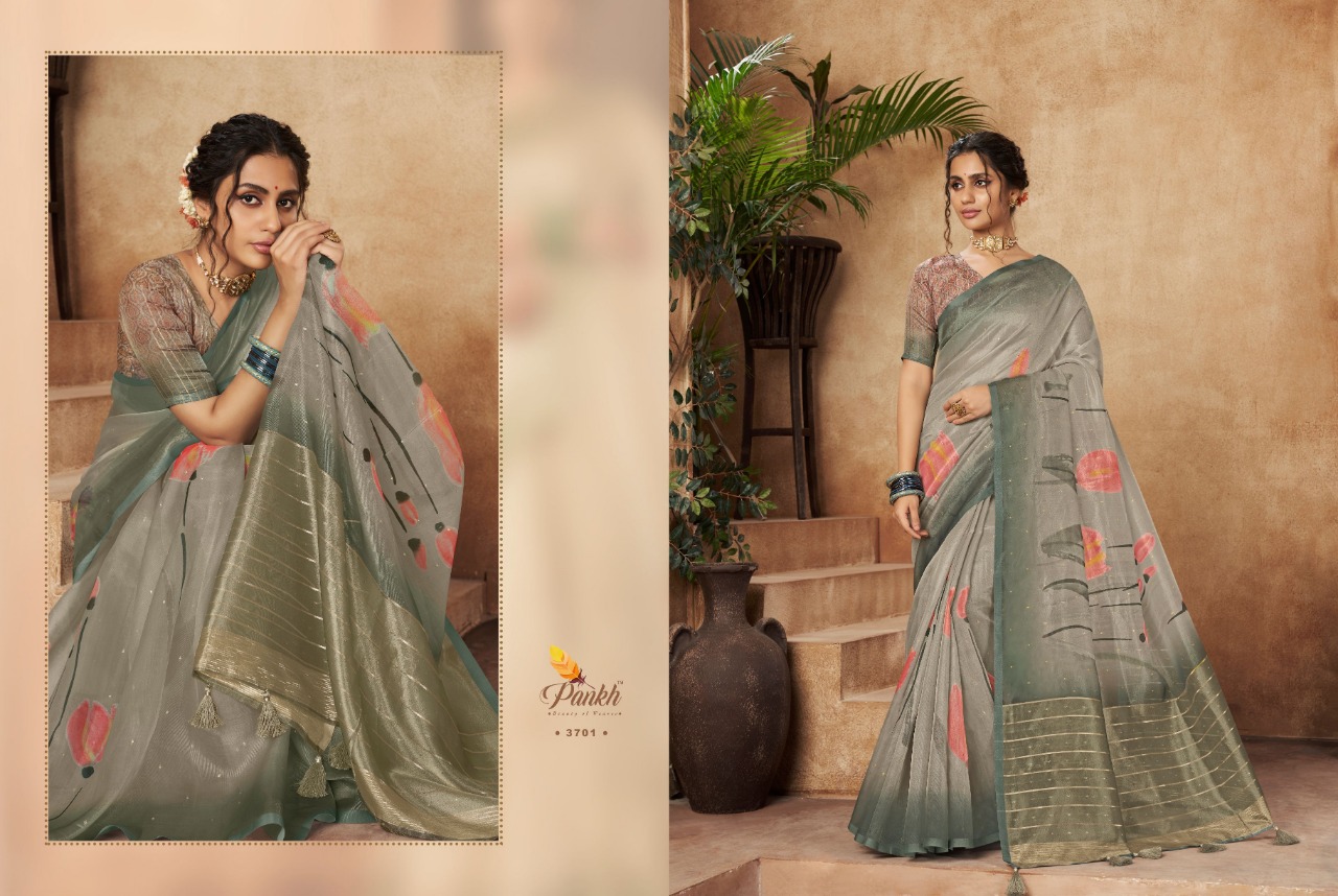 pink lotus pankh chappa vol 3 organza exclusive print saree catalog