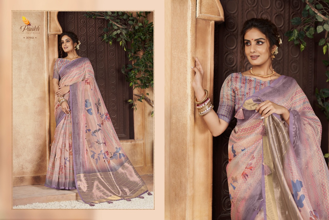 pink lotus pankh chappa vol 3 organza exclusive print saree catalog