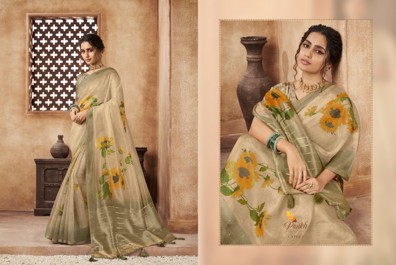 pink lotus pankh chappa vol 3 organza exclusive print saree catalog