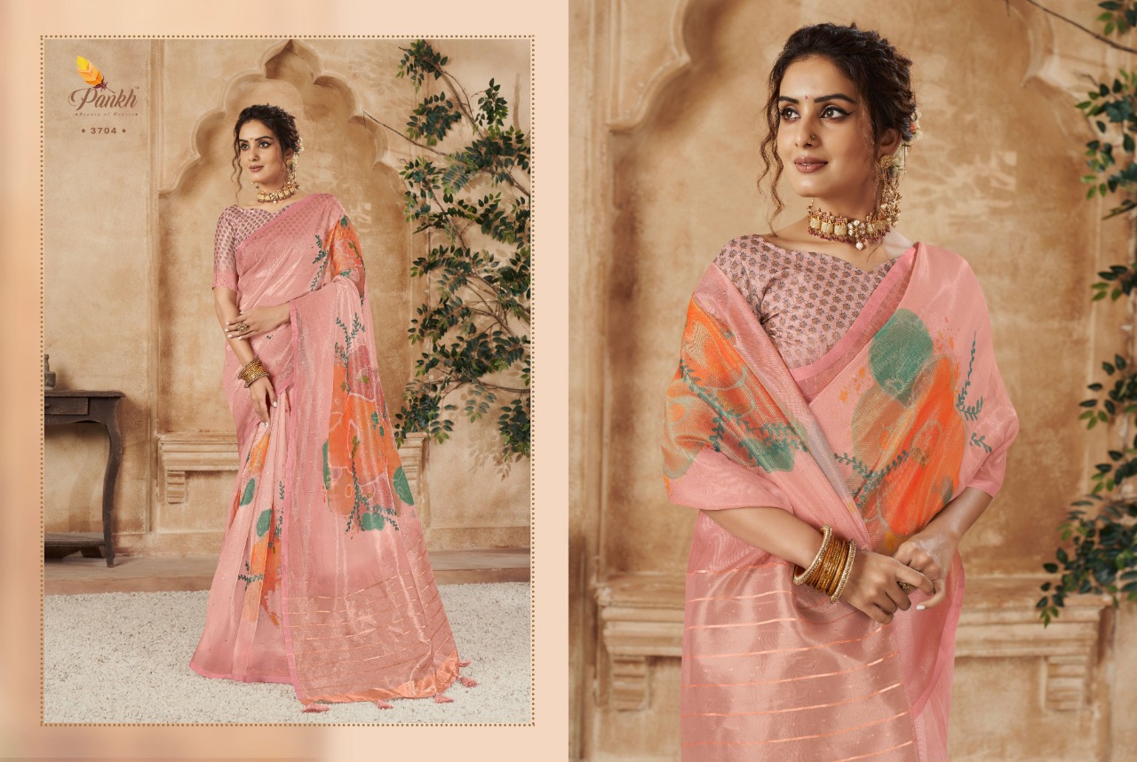 pink lotus pankh chappa vol 3 organza exclusive print saree catalog