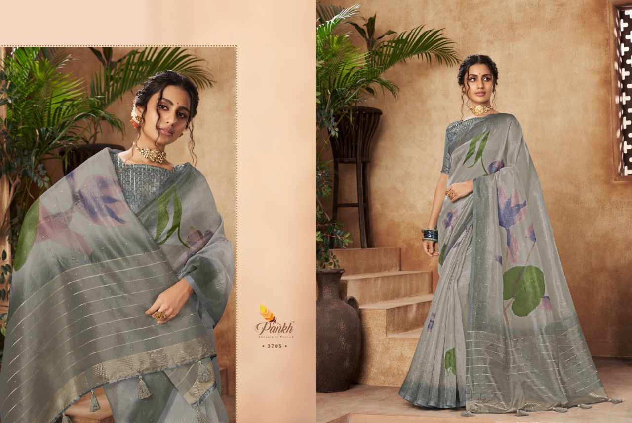 pink lotus pankh chappa vol 3 organza exclusive print saree catalog