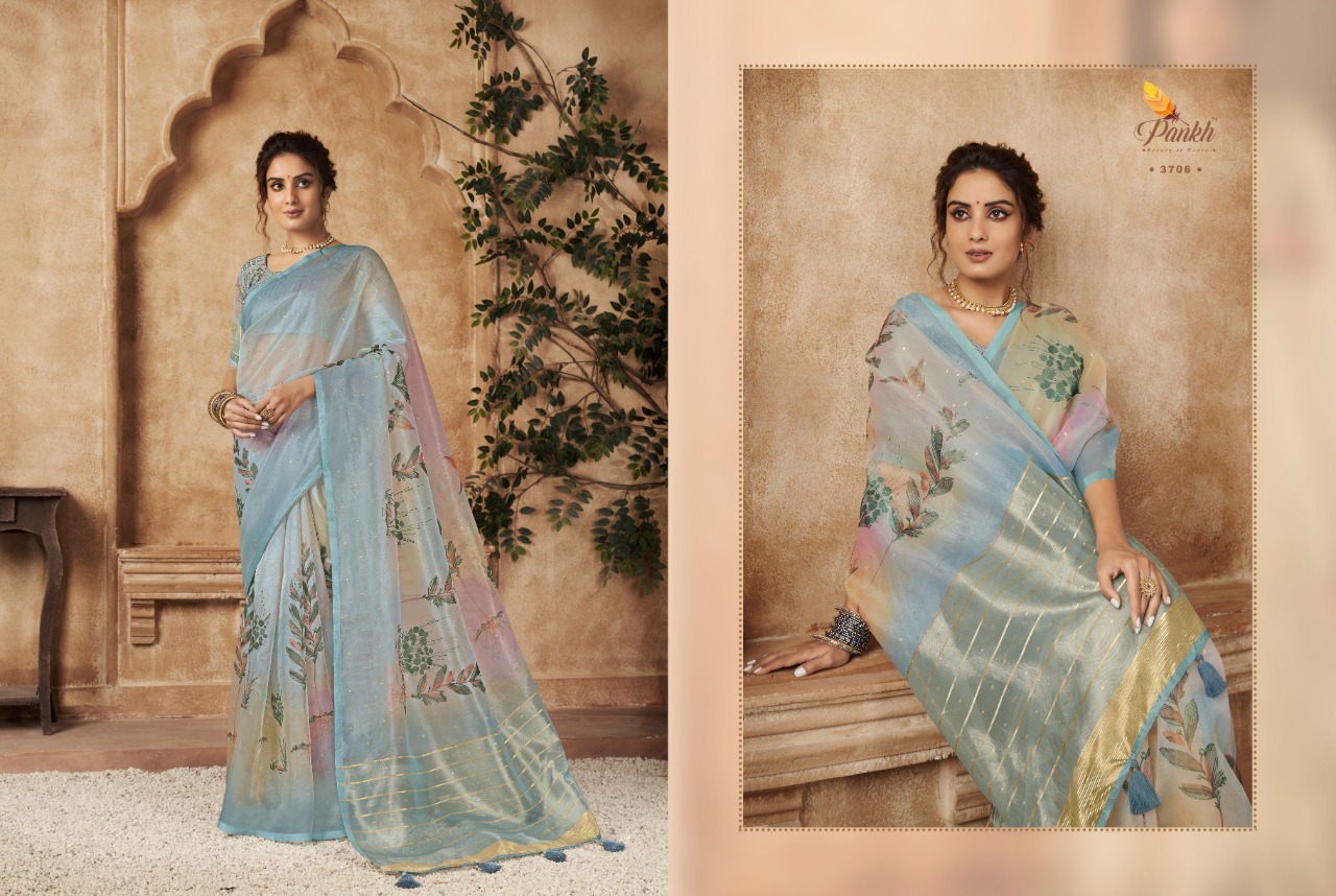 pink lotus pankh chappa vol 3 organza exclusive print saree catalog