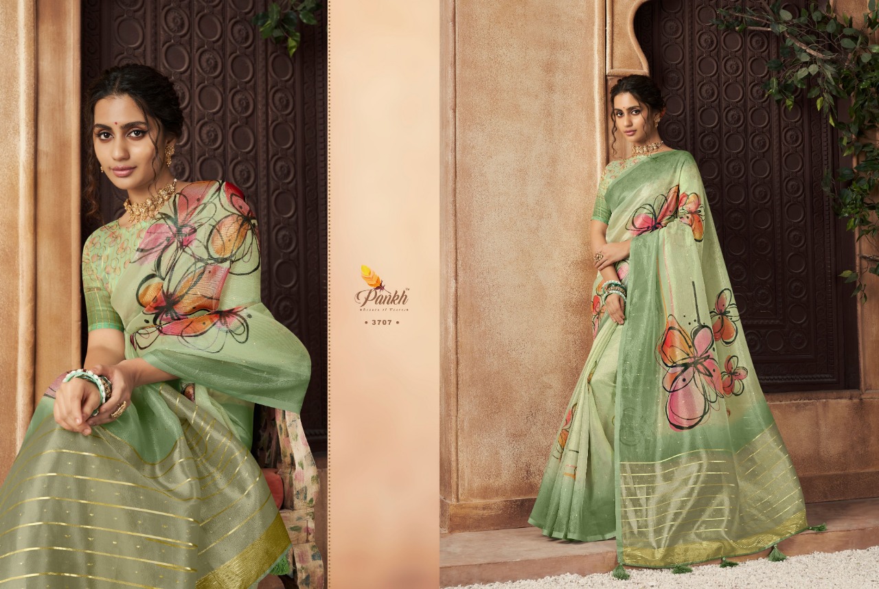 pink lotus pankh chappa vol 3 organza exclusive print saree catalog