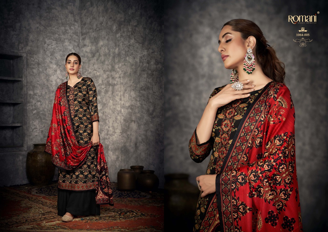 romani afreen pashmina attrectiveprint and embroidery look salwar suit catalog