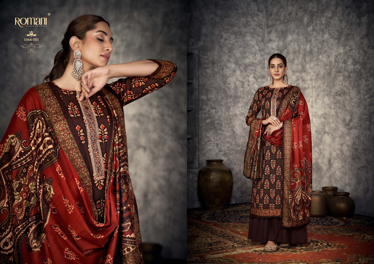 romani afreen pashmina attrectiveprint and embroidery look salwar suit catalog