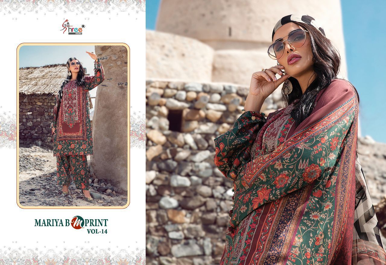 shree fab mariya b m print vol 14 cotton decent look salwar suit with siffon dupatta catalog