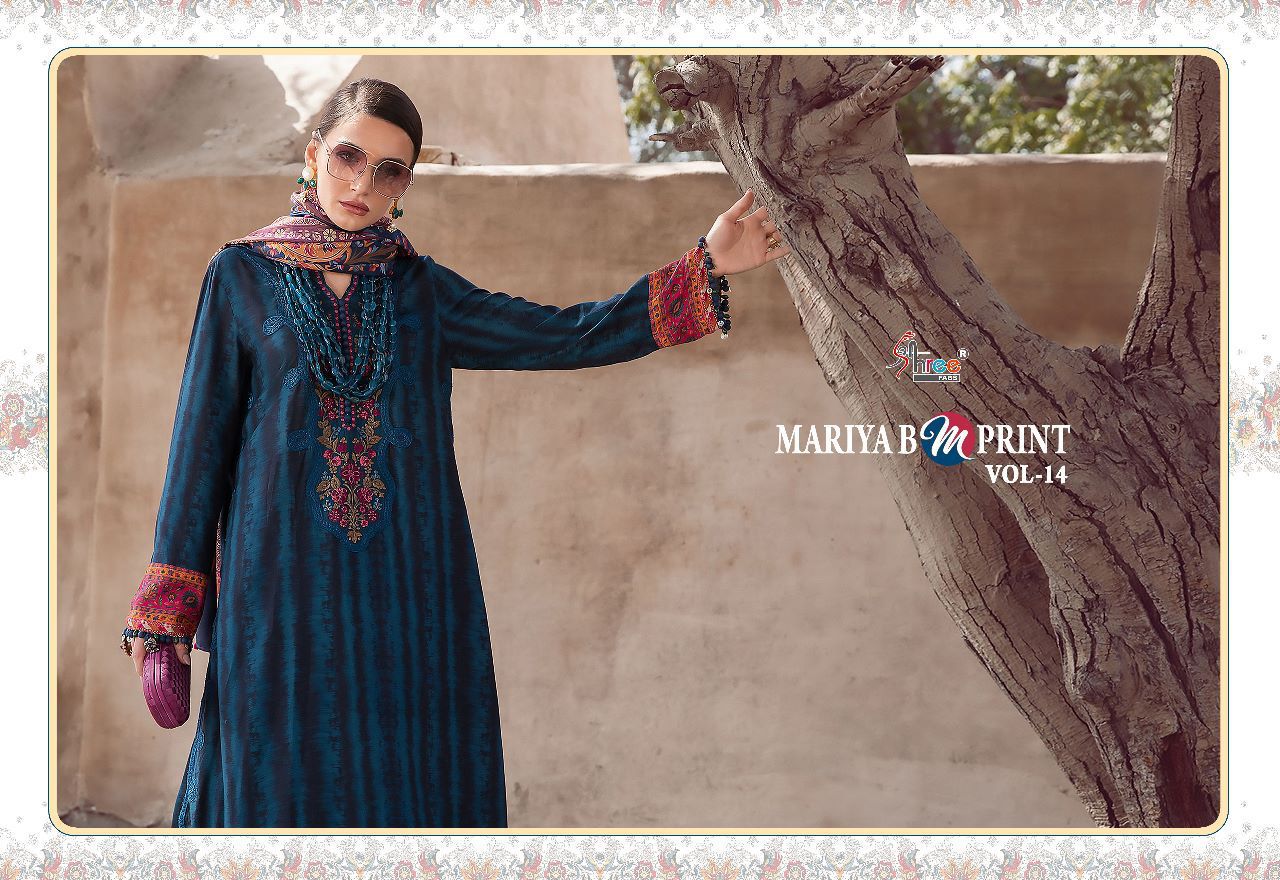 shree fab mariya b m print vol 14 cotton decent look salwar suit with siffon dupatta catalog