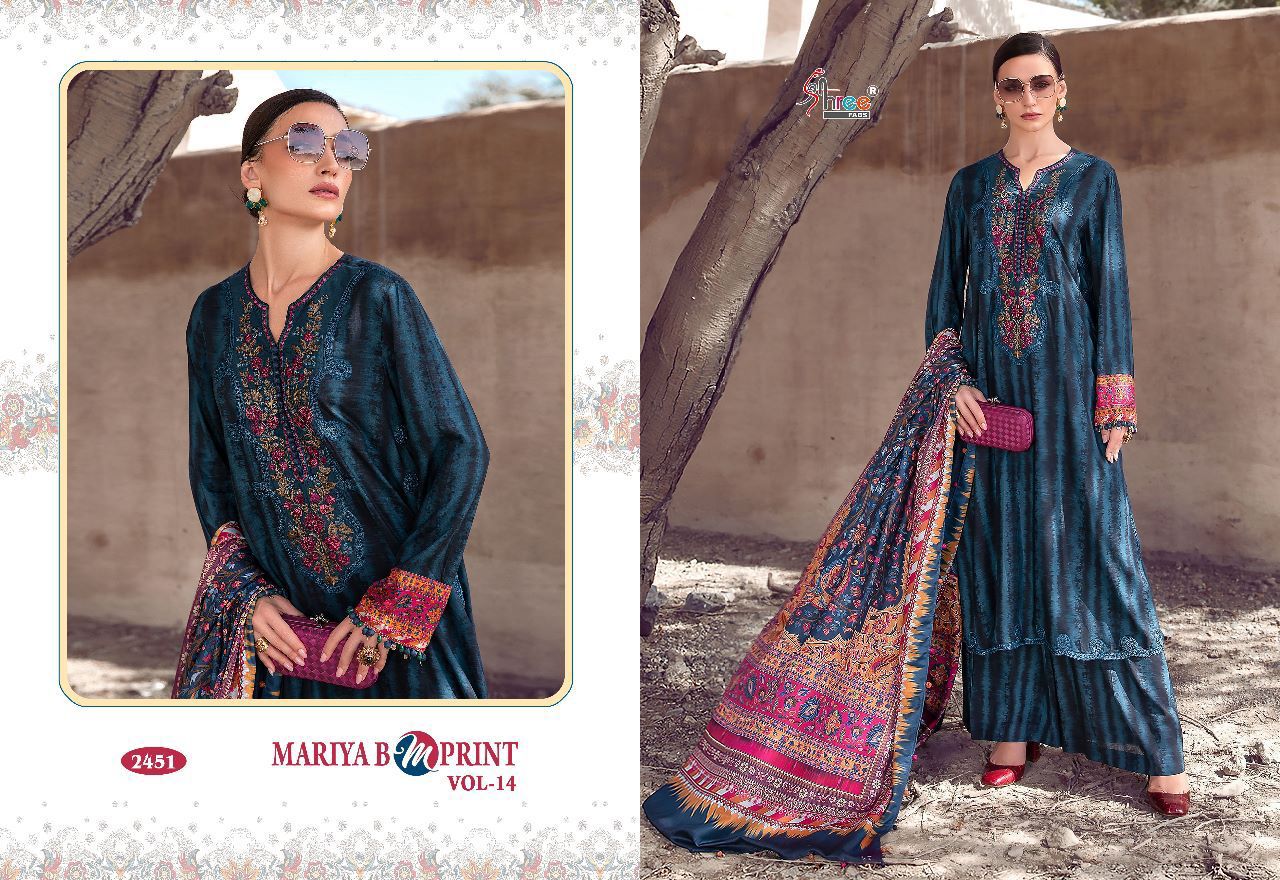 shree fab mariya b m print vol 14 cotton decent look salwar suit with siffon dupatta catalog