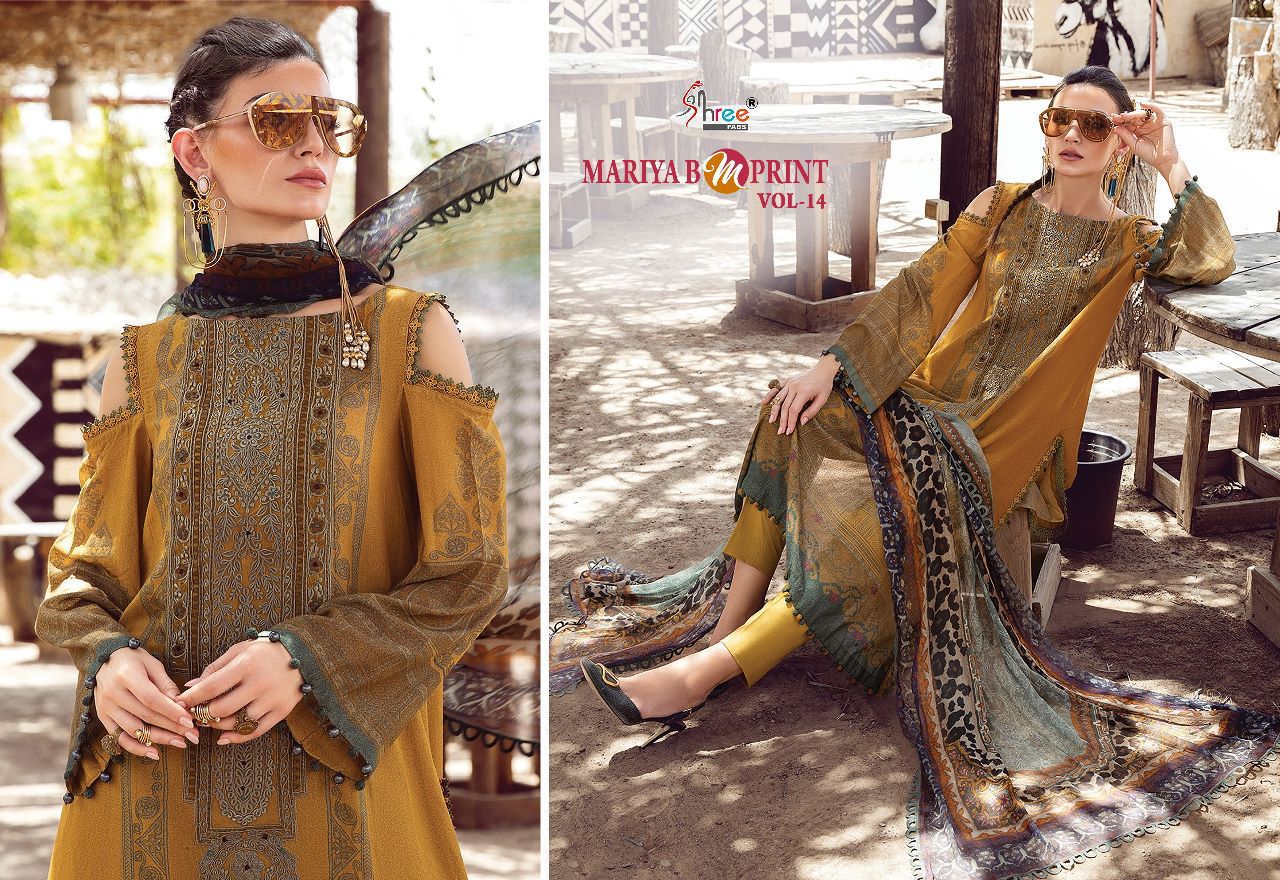 shree fab mariya b m print vol 14 cotton decent look salwar suit with siffon dupatta catalog