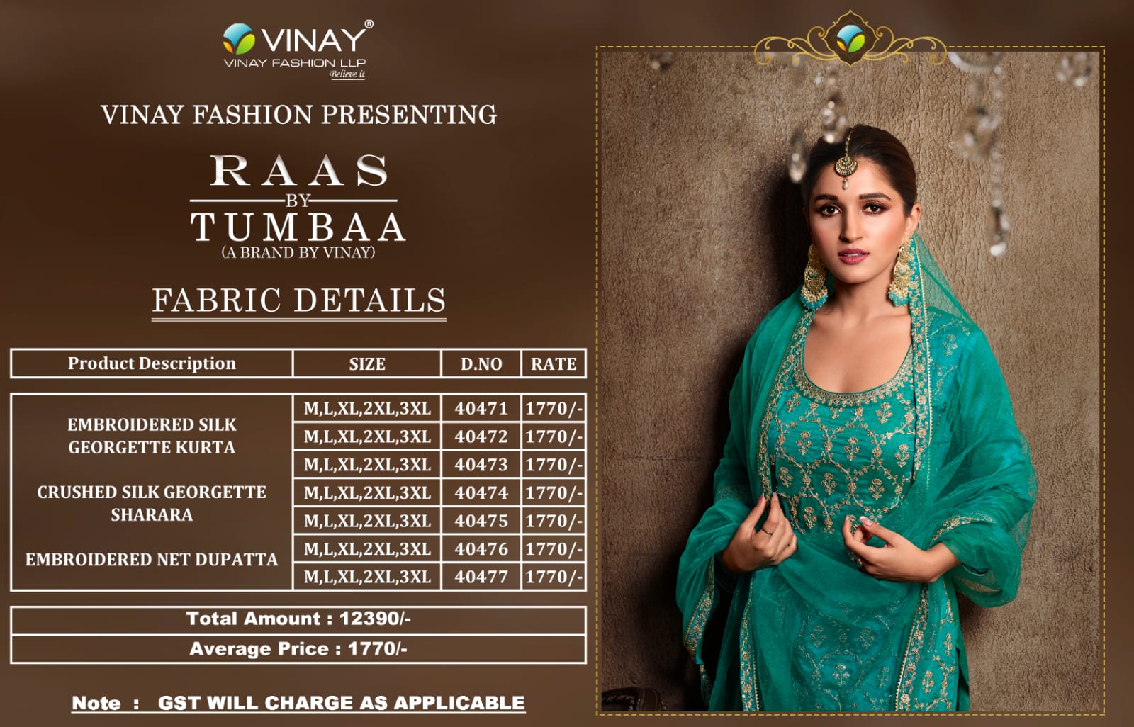 vinay fashion Tumbaa raas georgette regal look kurti pant with dupatta catalog