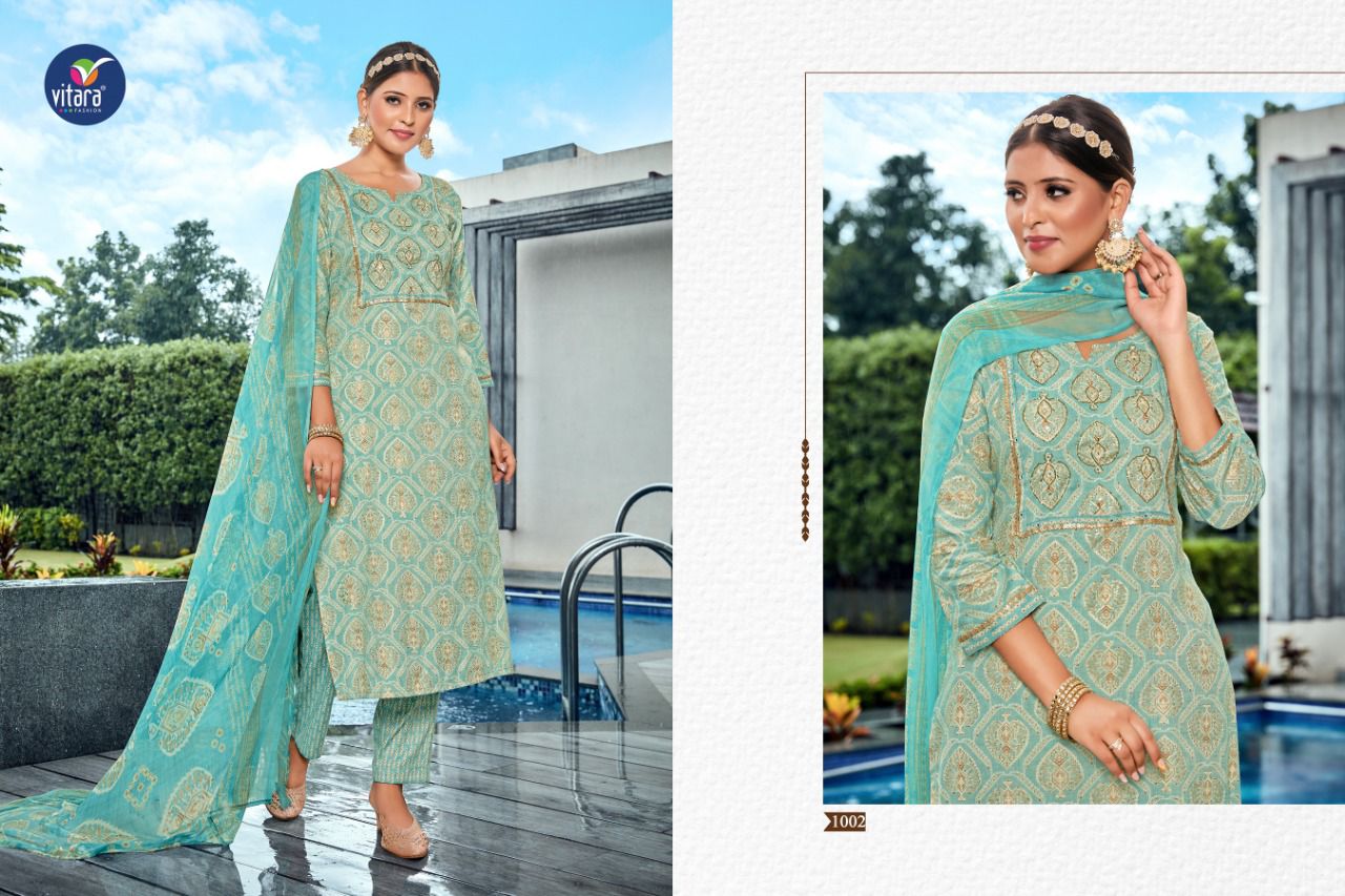 vitara fashion vesta capsul foil print elegant look top with pant and dupatta catalog