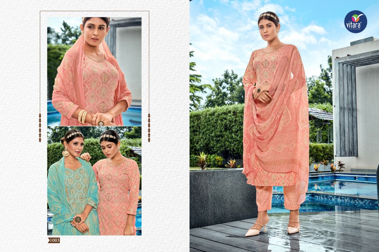 vitara fashion vesta capsul foil print elegant look top with pant and dupatta catalog