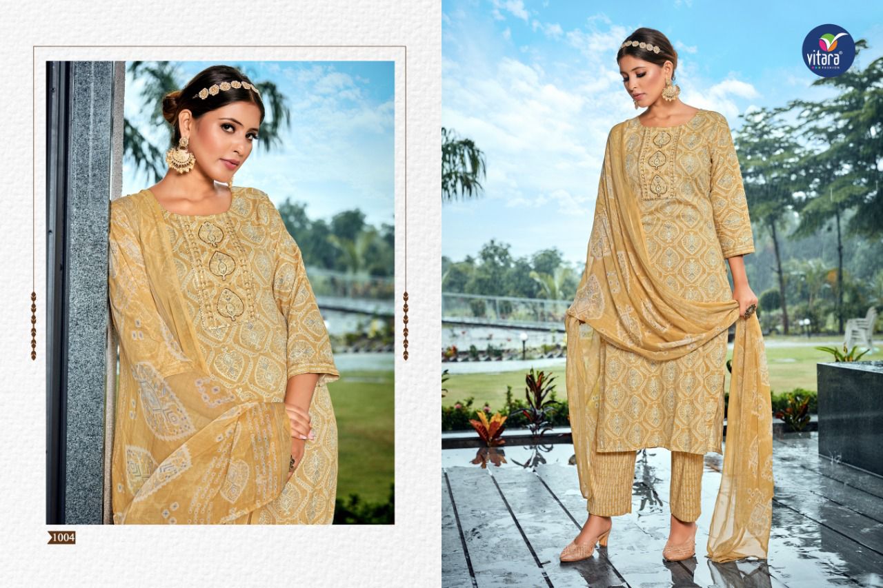 vitara fashion vesta capsul foil print elegant look top with pant and dupatta catalog