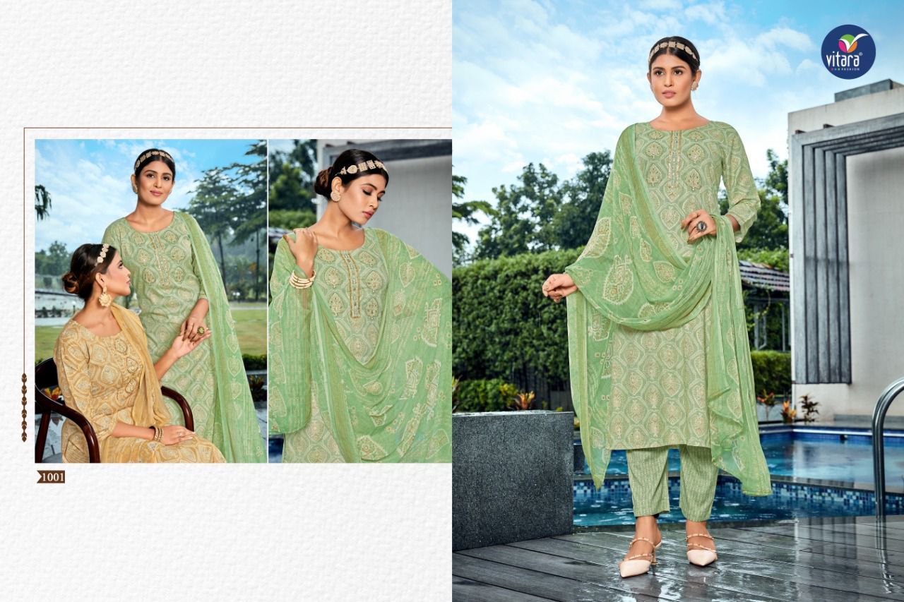 vitara fashion vesta capsul foil print elegant look top with pant and dupatta catalog