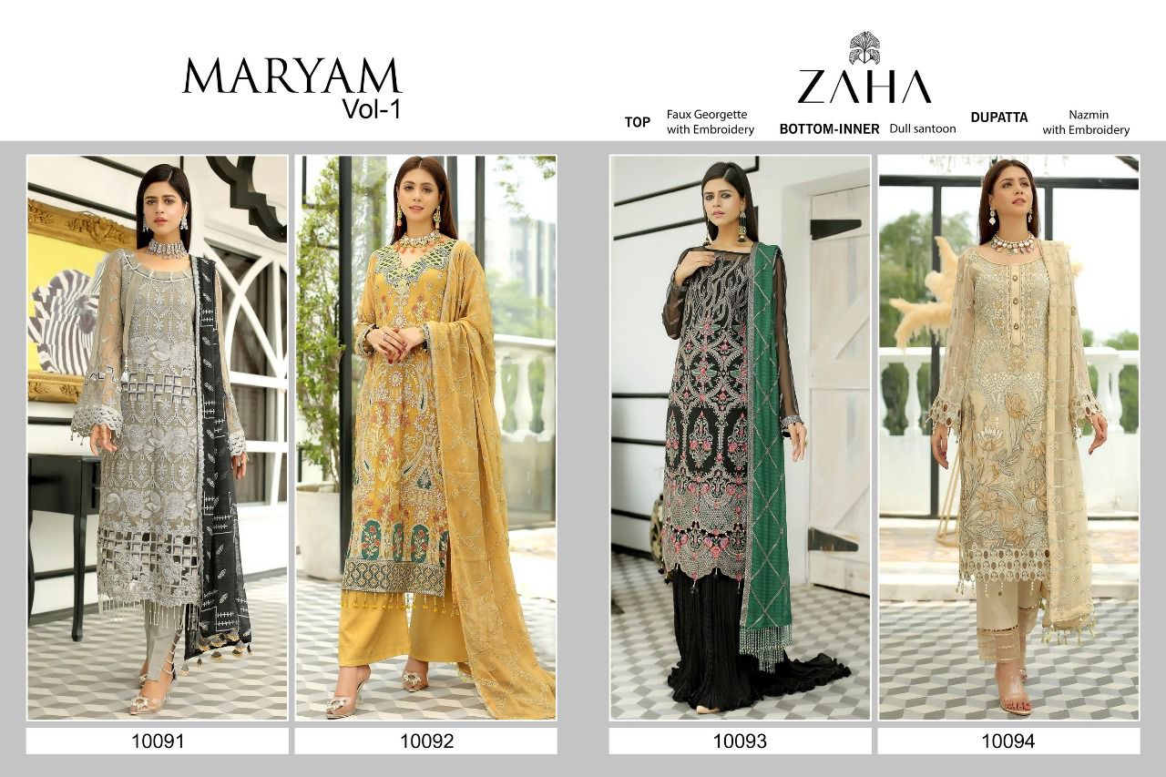 zaha maryam d no 10091 10092 10093 10094 georgette regal look salwar suit catalog