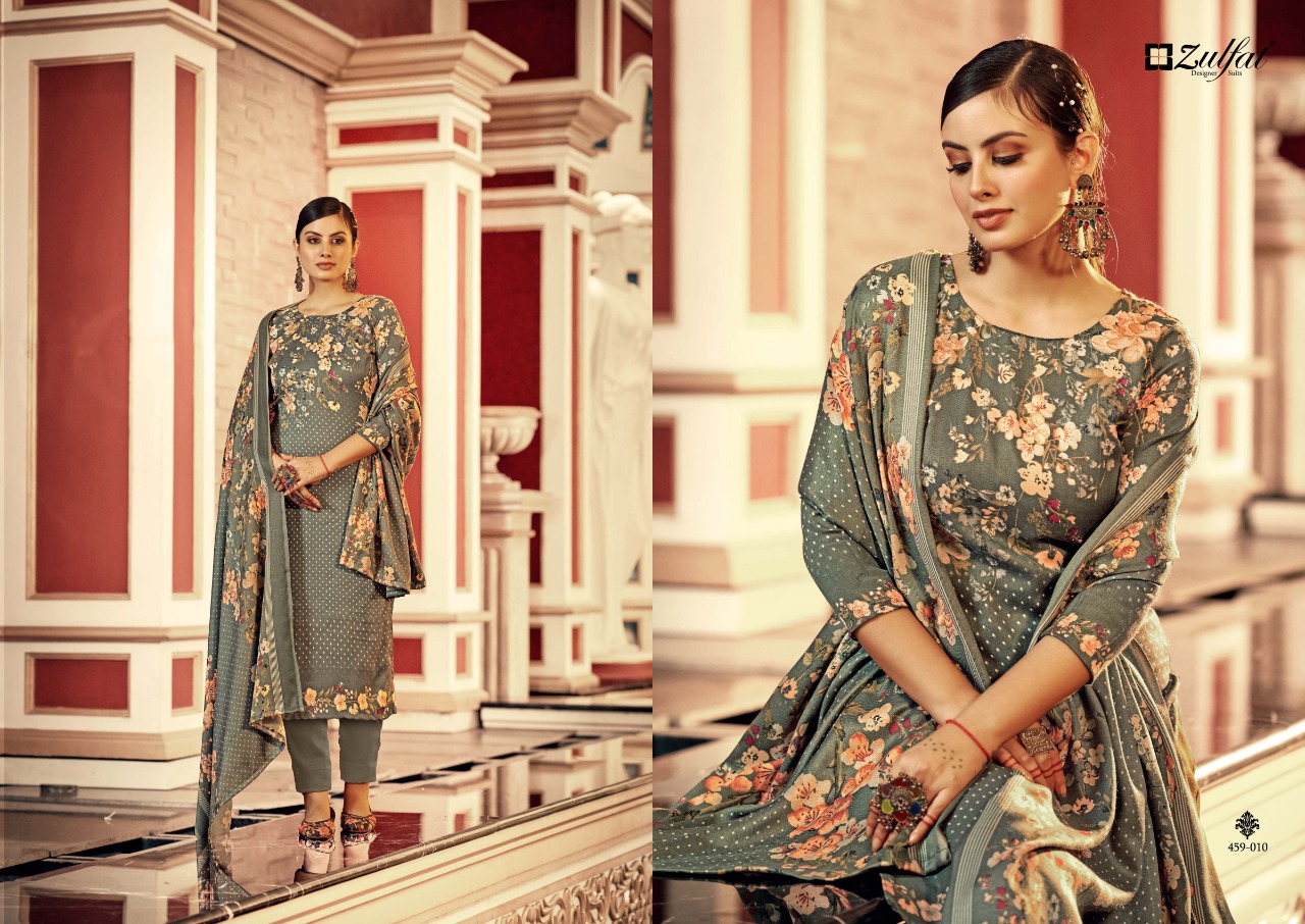 zulfat designer suit Al marina wool pashmina decent print salwar suit catalog