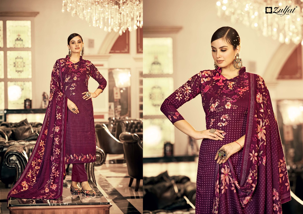 zulfat designer suit Al marina wool pashmina decent print salwar suit catalog