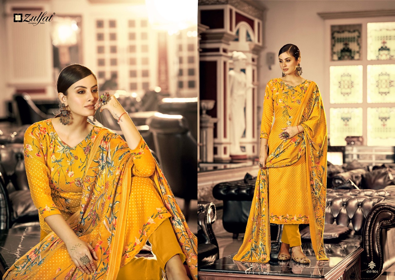 zulfat designer suit Al marina wool pashmina decent print salwar suit catalog