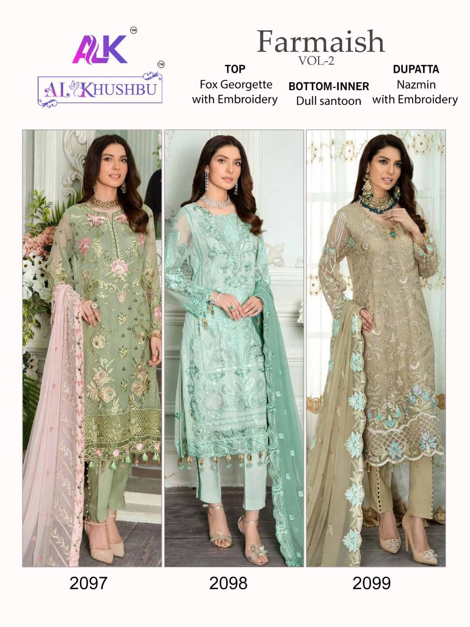 al khushbu farmaish vol 2 DNO 2097 2098 2099 georgette exclusive look salwar suit catalog