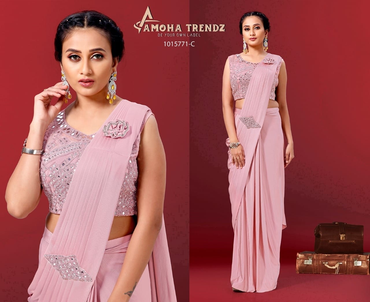 amoha trendz design no 1015771 lycra new and modern style saree catalog