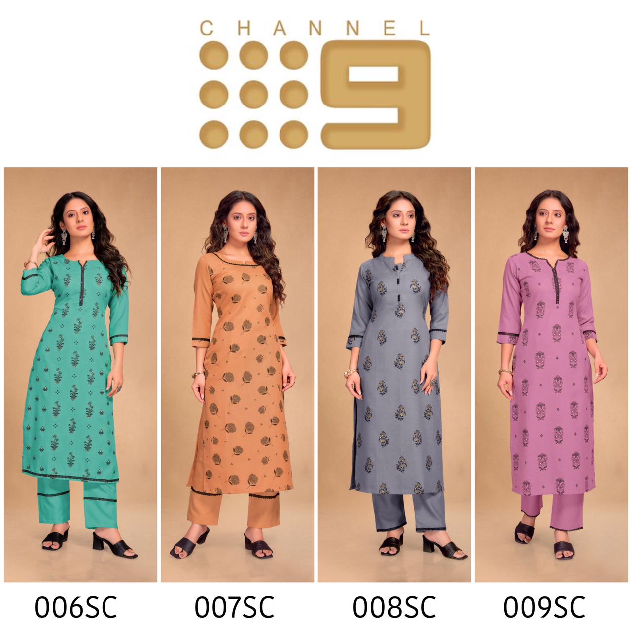 channel 9 sku 006 to 009 cotton exclusive print kurti with bottom size set