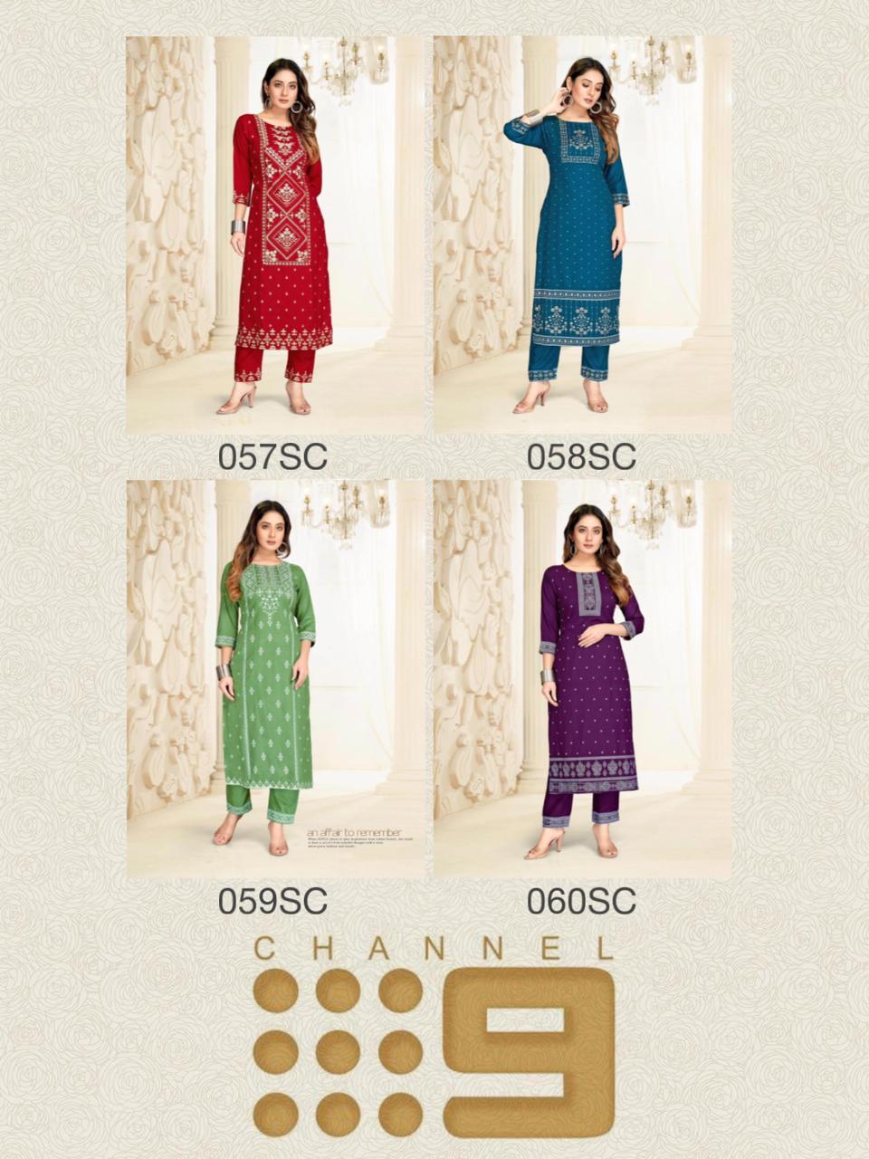 channel 9 sku 057sc to 060sc rayon exclusive print kurti with bottom size set