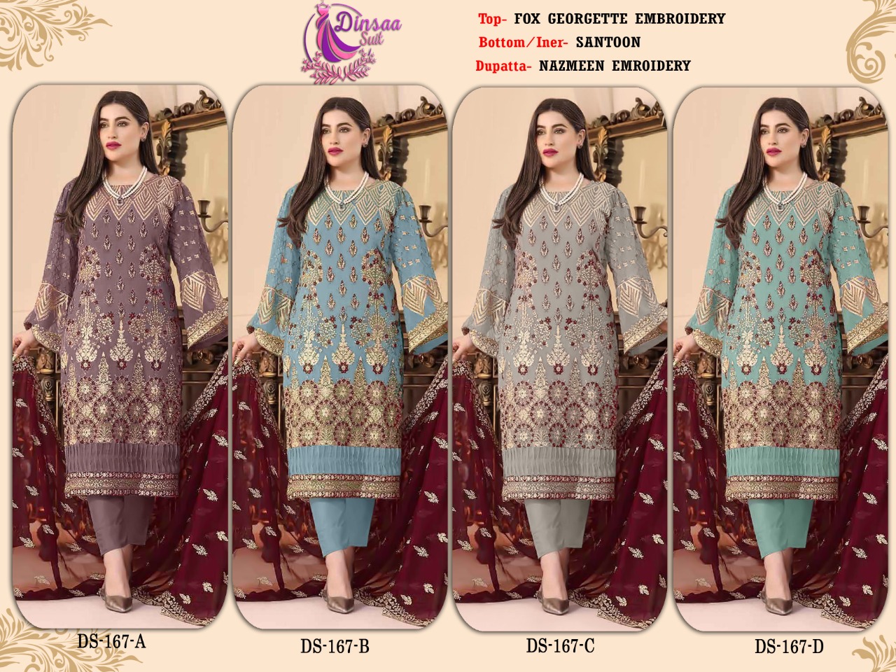 dinsaa suit dinsaa d no s 167 a b c d georgette grace ful look salwar suit catalog