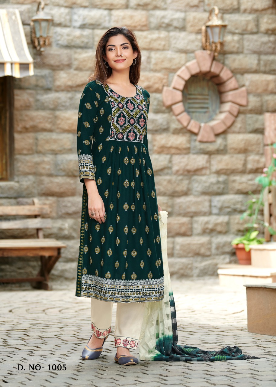 rangjyot rang manch rayon catchy look kurti pant with dupatta catalog