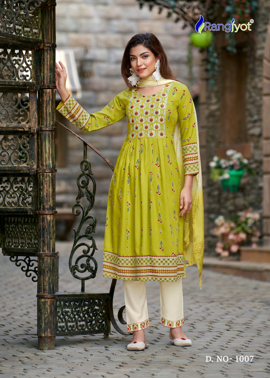 rangjyot rang manch rayon catchy look kurti pant with dupatta catalog