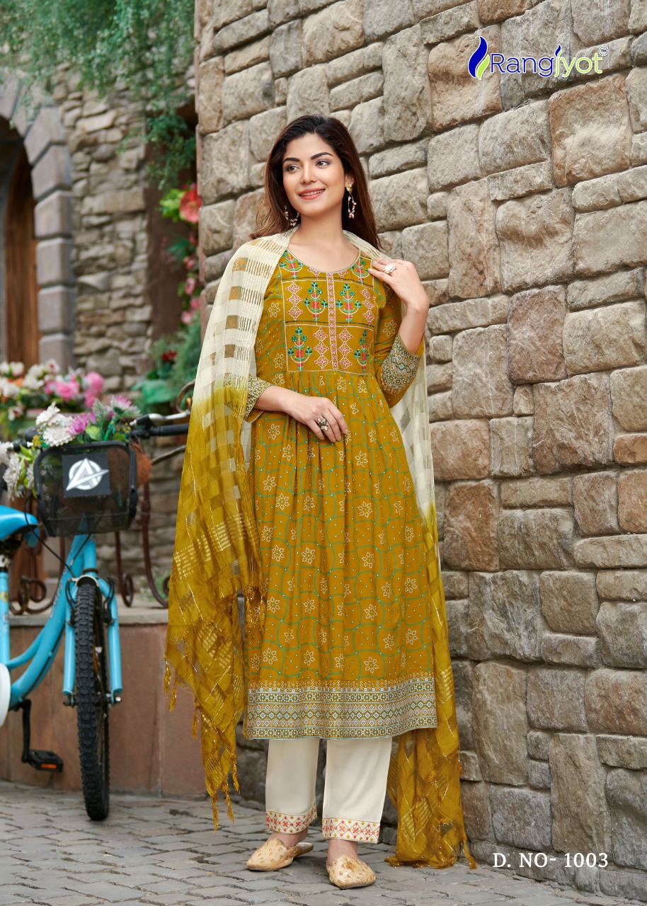 rangjyot rang manch rayon catchy look kurti pant with dupatta catalog