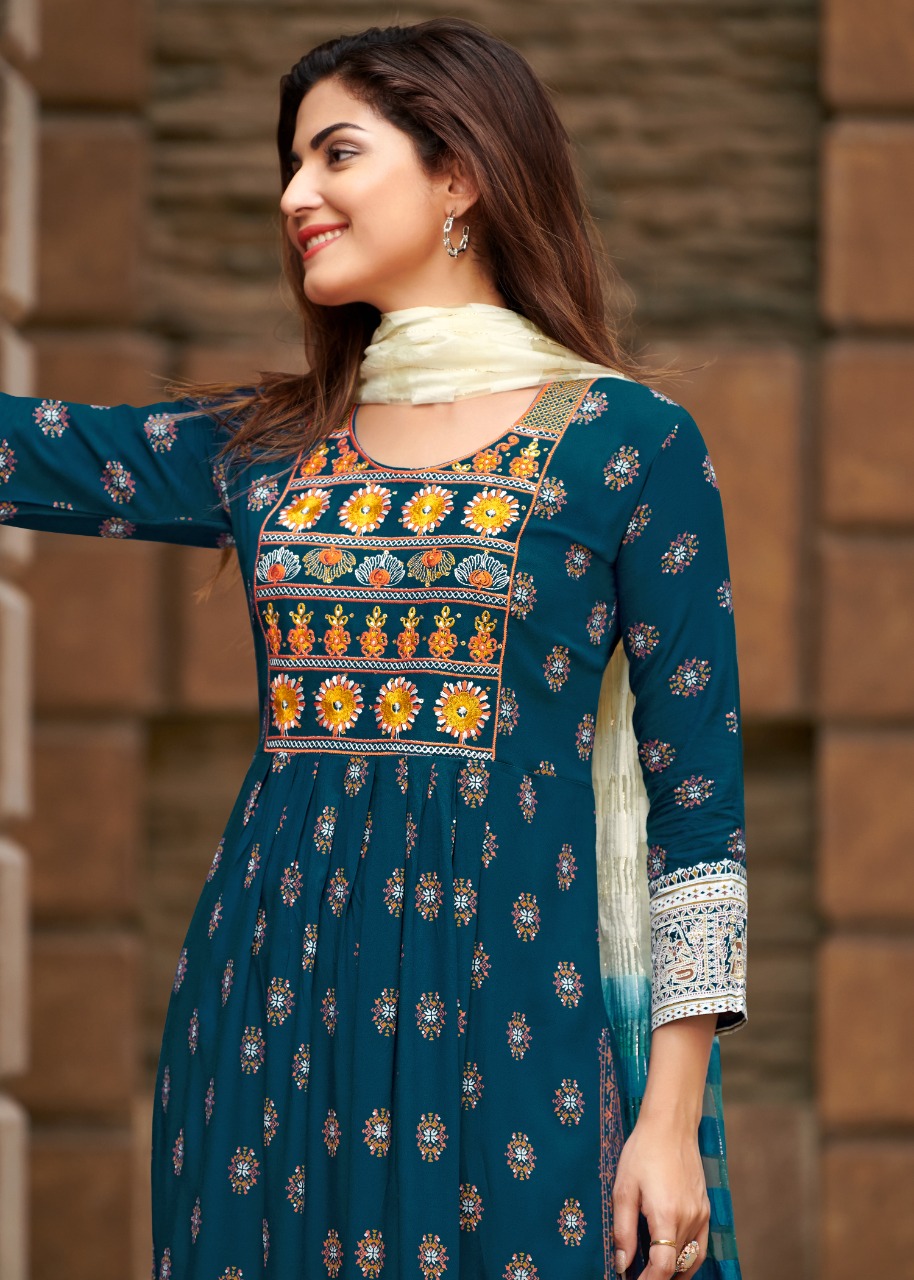 rangjyot rang manch rayon catchy look kurti pant with dupatta catalog