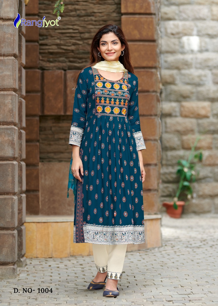 rangjyot rang manch rayon catchy look kurti pant with dupatta catalog