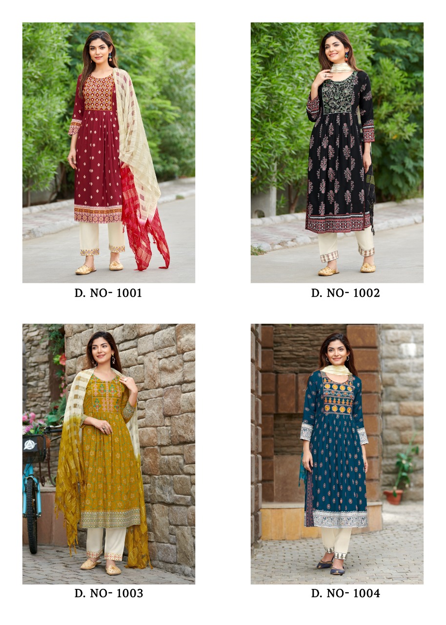 rangjyot rang manch rayon catchy look kurti pant with dupatta catalog