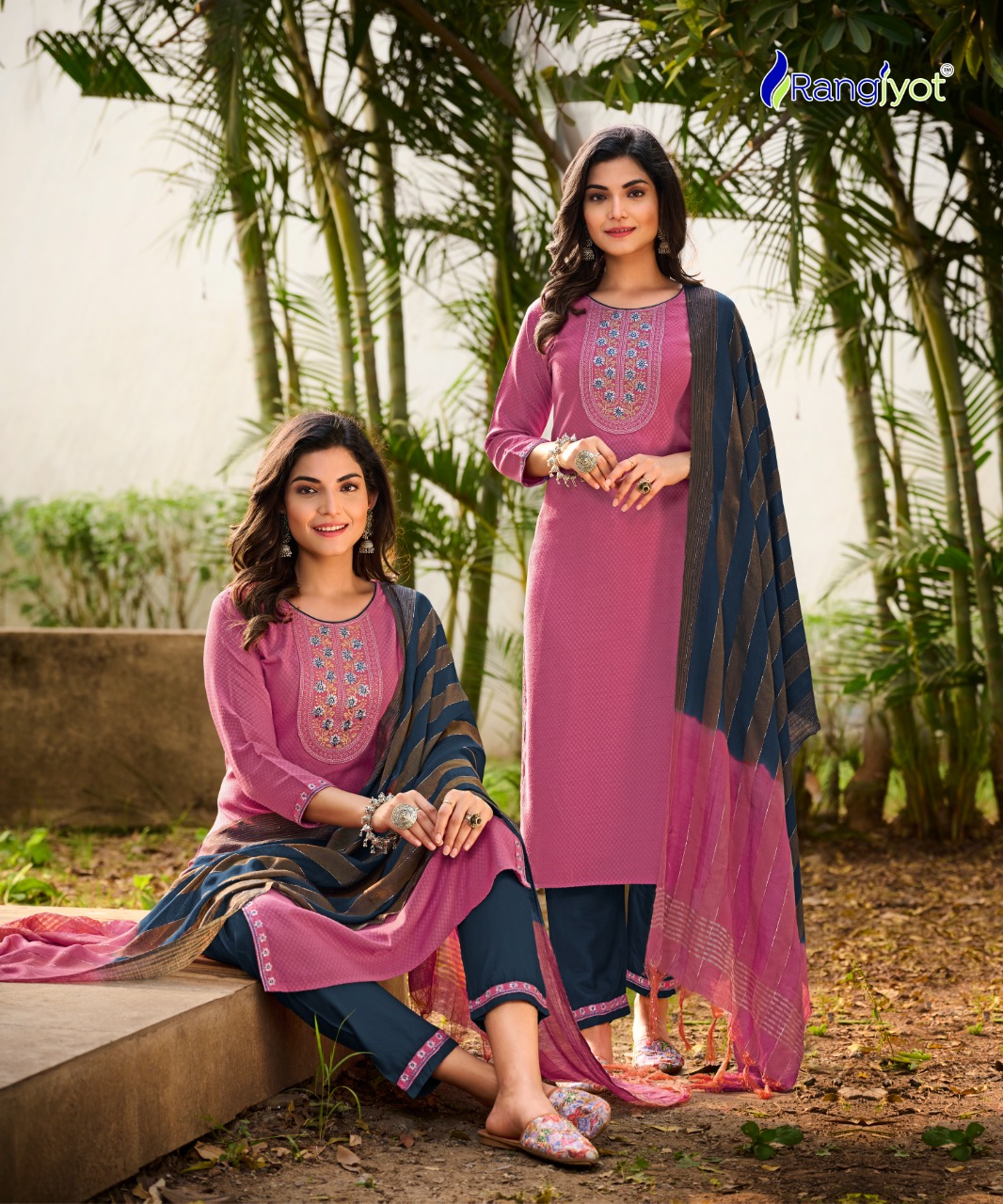 rangjyot veena vol 1 rayon catchy look kurti pant with dupatta catalog