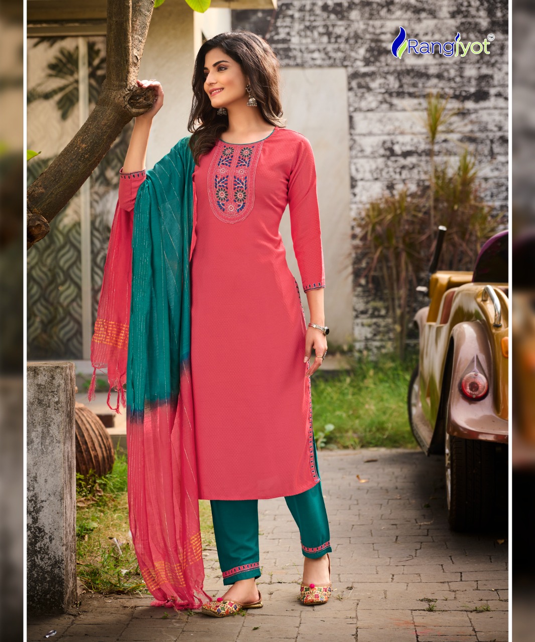 rangjyot veena vol 1 rayon catchy look kurti pant with dupatta catalog