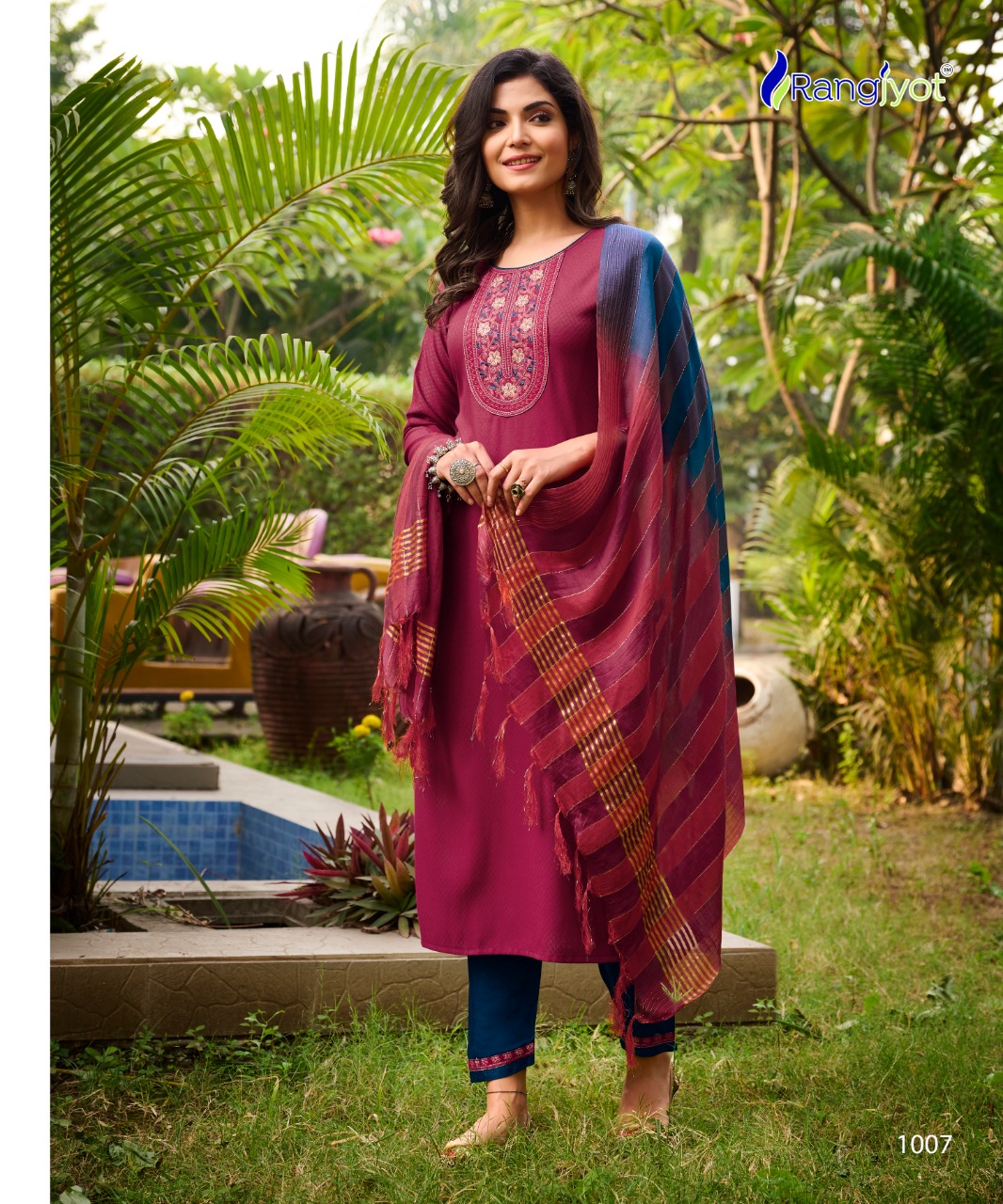 rangjyot veena vol 1 rayon catchy look kurti pant with dupatta catalog