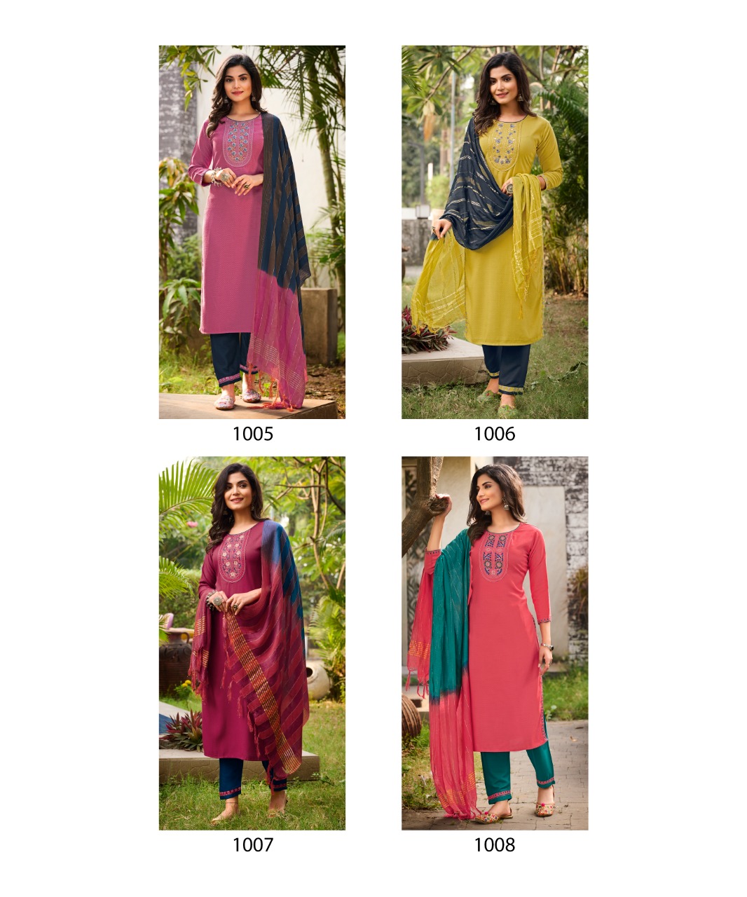 rangjyot veena vol 1 rayon catchy look kurti pant with dupatta catalog