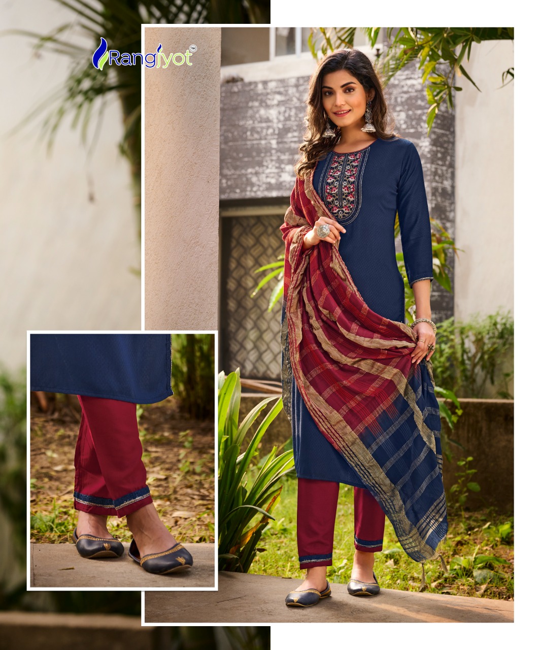 rangjyot veena vol 1 rayon catchy look kurti pant with dupatta catalog