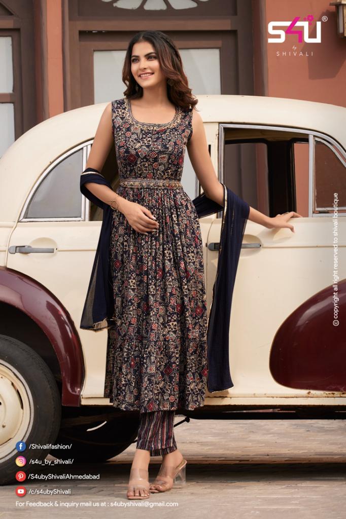 s4u shyra modal silk gorgeous look kurti with pant and dupatta catalog