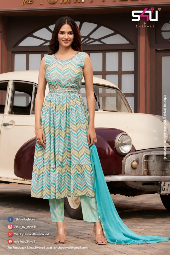 s4u shyra modal silk gorgeous look kurti with pant and dupatta catalog