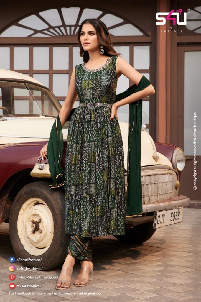 s4u shyra modal silk gorgeous look kurti with pant and dupatta catalog