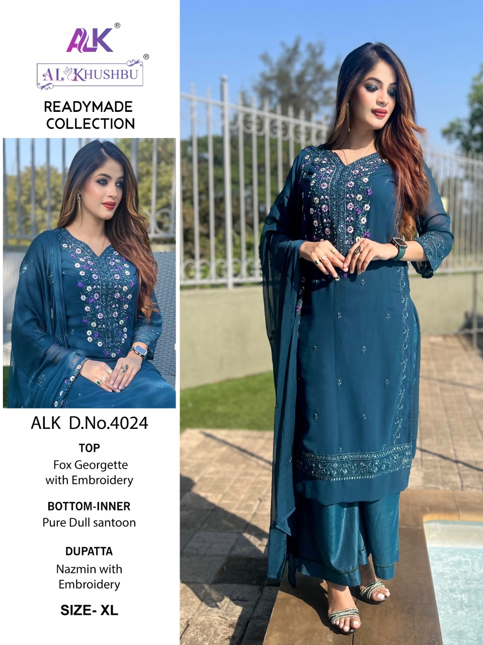 al khushbu alk D NO 4024 georgette Catchy look top bottom with dupatta single