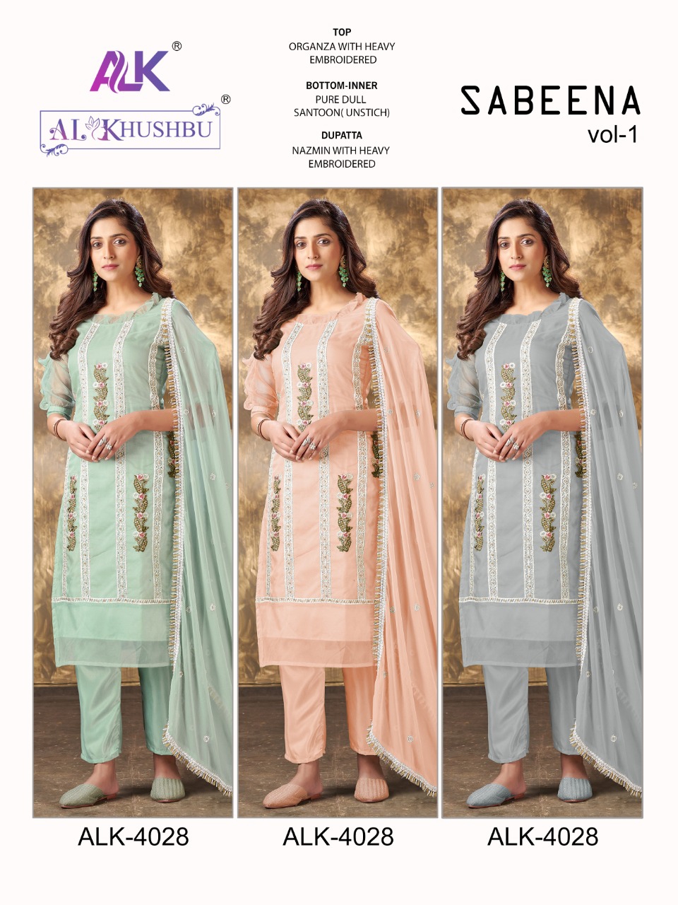 al khushbu sabeena vol 1 d no 4028 a b c oragnza graceful look salwar suit catalog