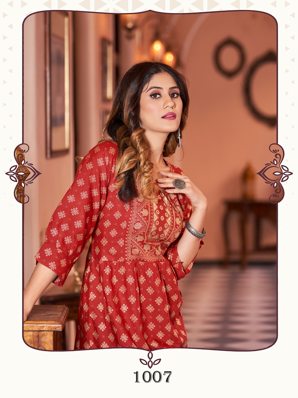 banwery fashion sukumari rayon new and modern style Foil Print with 3 lair Flair Gown catalog