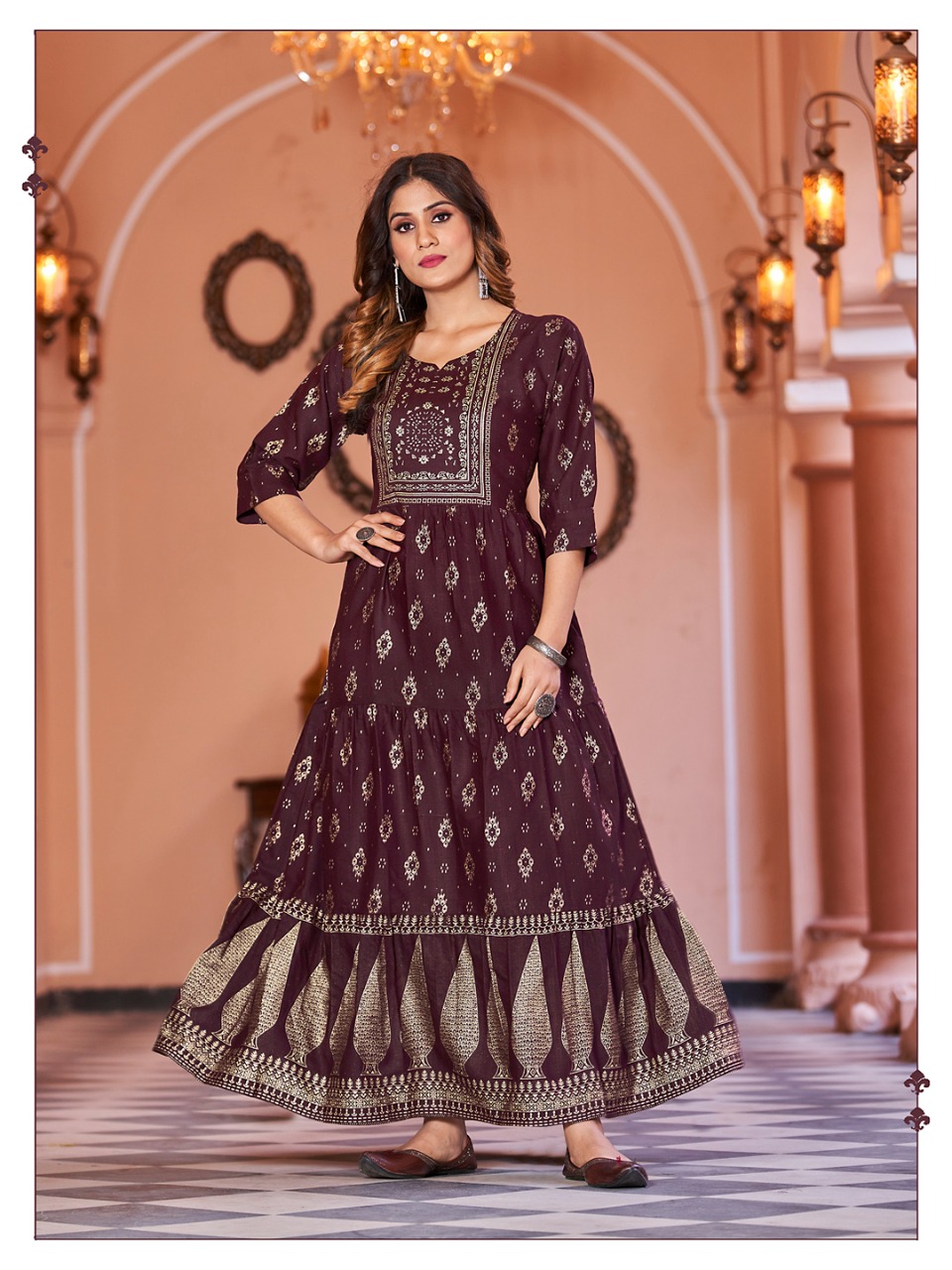 banwery fashion sukumari rayon new and modern style Foil Print with 3 lair Flair Gown catalog