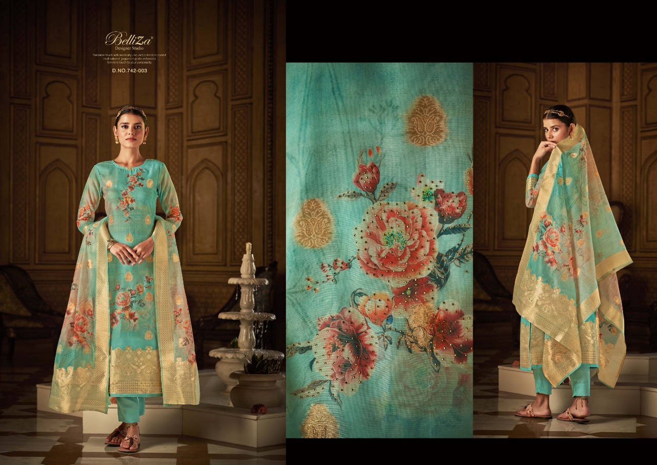 belliza designer studio amrut organza greceful look salwar suit catalog