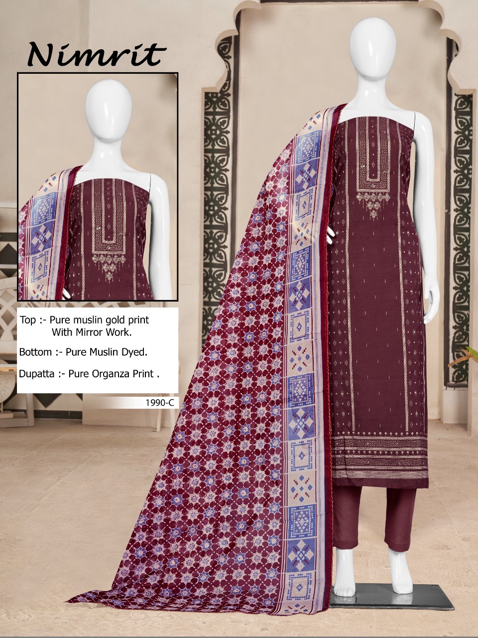 Bipson nimrit d no1990 muslin regal look salwar suit catalog