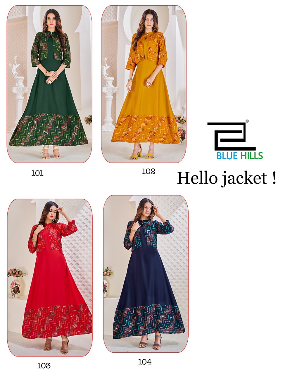 blue hills Hello Jacket rayon catchy look kurti with jackets catalog