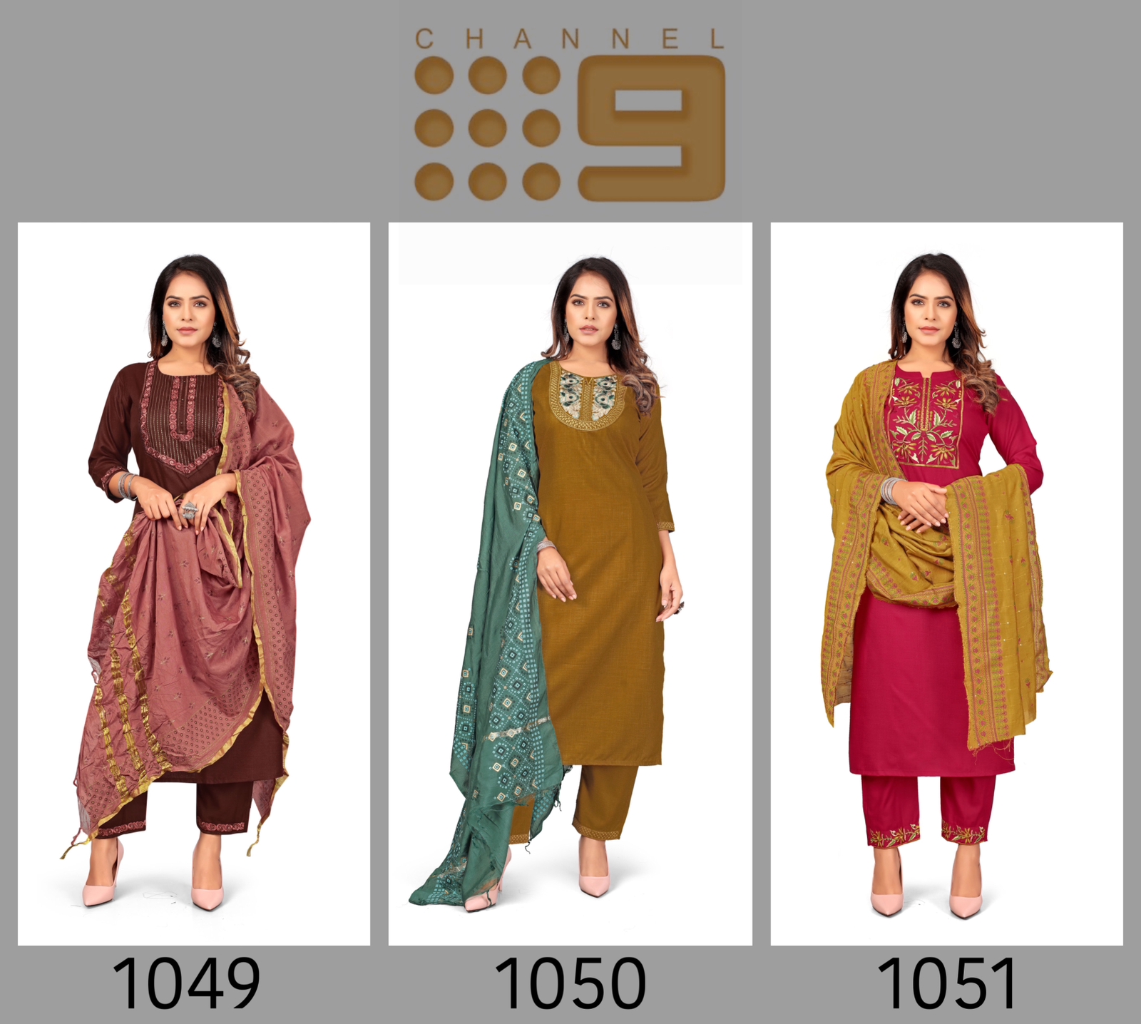 channel 9 SKU 1049SD To 1051SD cotton elegant look kurti dupatta with bottom size set